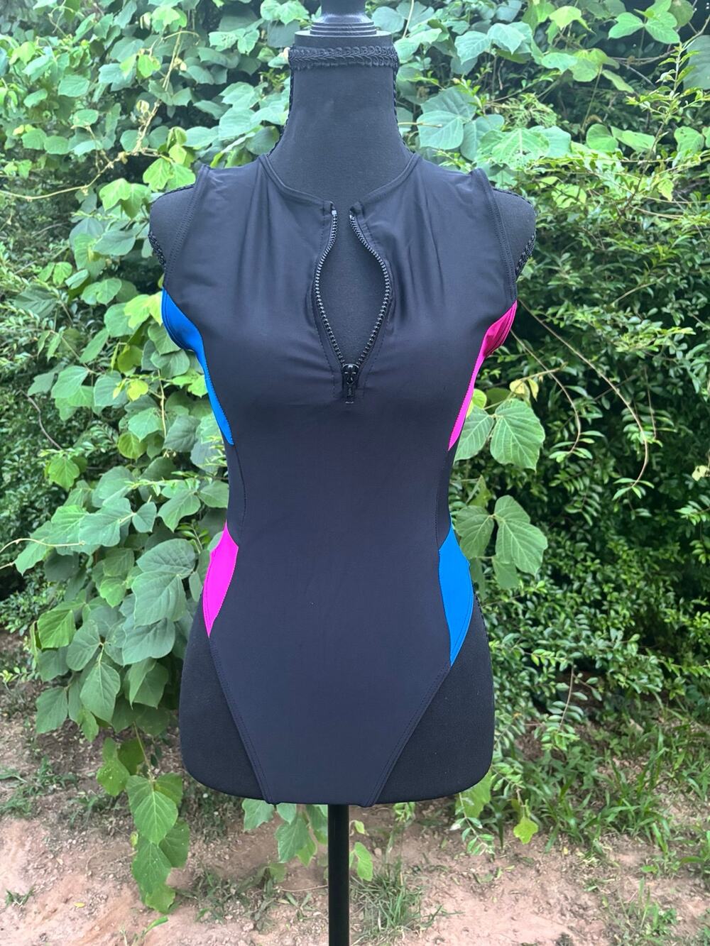 Aerodynamics by Marika One Piece Swimsuit Black Zip Front Colorblock Athletic